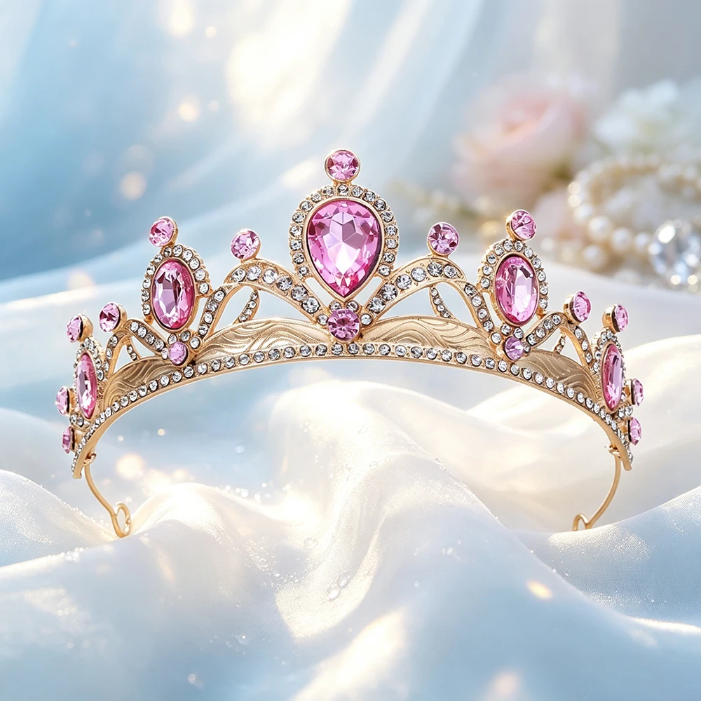 1pc Gold Sapphire Tiara Crown Rhinestone Bridal Wedding Headpiece Elegant Pageant Prom Party Hair Jewelry Accessories for Women view 5