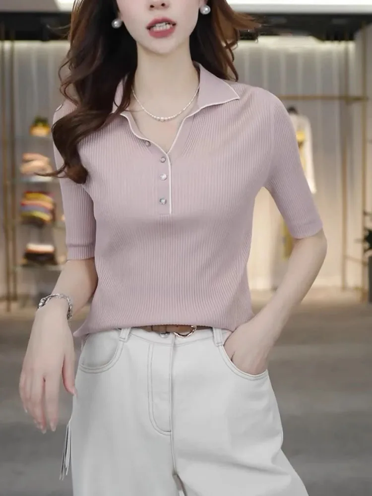 Elegant  Neck Knitwear Ice Silk Short Sleeve Women's Comfortable Breathable Summer Top Age-Defying Korean Style Loose Fit