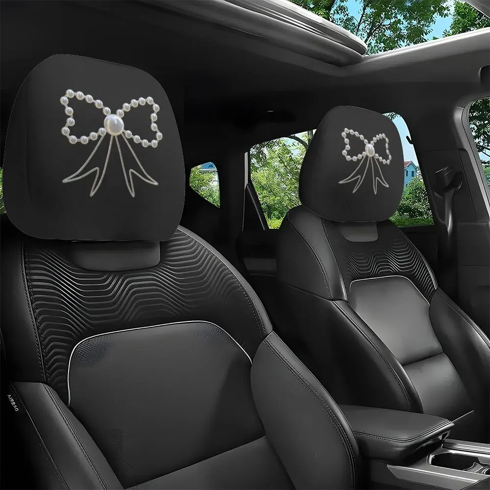 

2pcs Pearl Bow Print Car Headrest Covers All-Weather Use Unfilled Suitable for Resting During Road Trips Relieves Cervical Spine