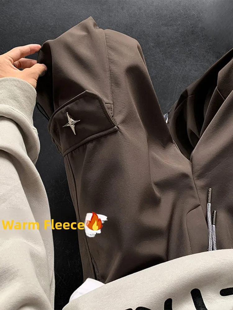

Retro American Brown Fce Lined Men's Winter Skiing Waterproof Cold Resistant Loose Workwear Trousers Straight Leg Casual P...