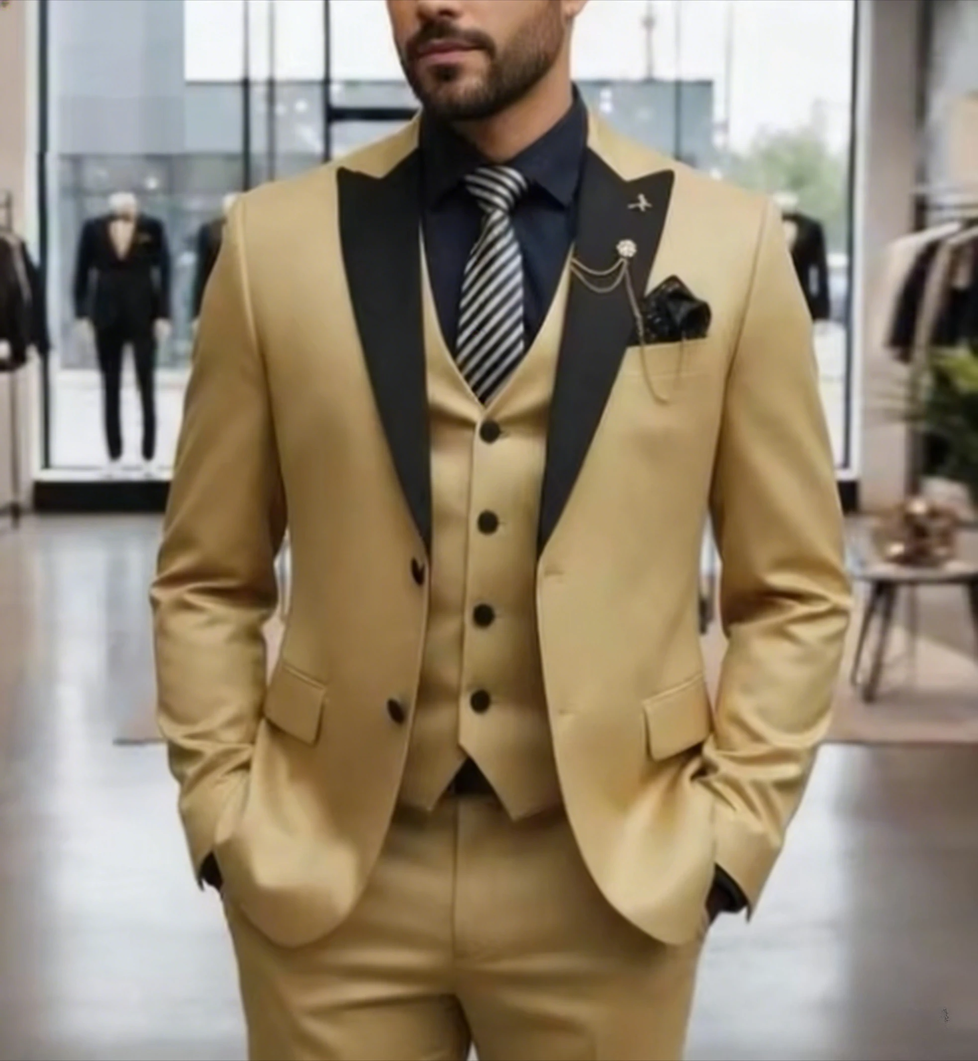 

Black Collar Champagne Men Suit Wedding Party Formal Groom Groomsman Prom Business Male Tuxedos 3 Piece Set Jacket Vest Pants