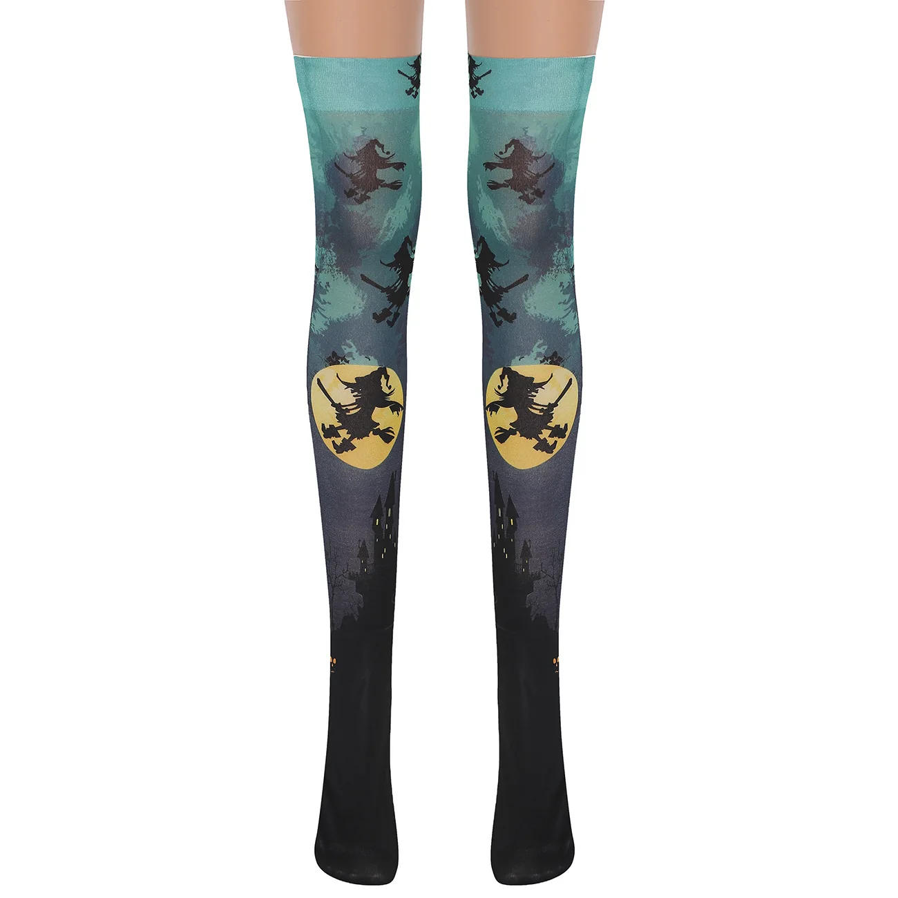 Dark Castle Bat Stockings Halloween Cosplay Accessories Witch Ghost Evil Pumpkin Silk Print Stockings Lady Knee-high Nylon Socks 3