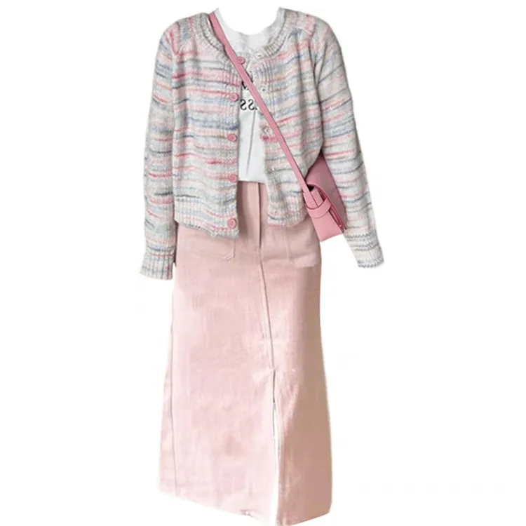 

Очень большой женский полосатый свитер 200 Pou, кардиган, юбка, комплект Faion, осень 2023, женская коллекция премиум-класса