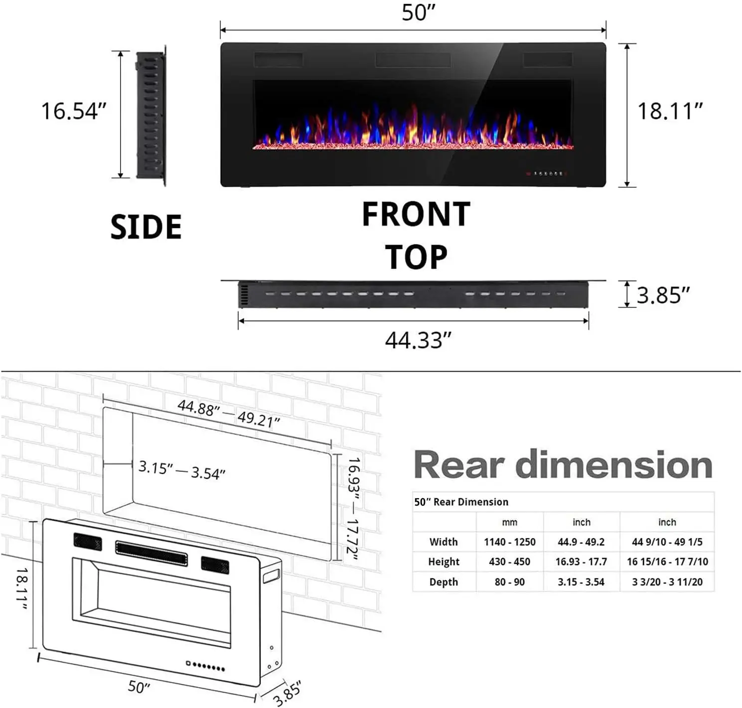 50 inch Recessed and Wall Mounted,The Fireplace Low Noise,Remote Control with Timer,Touch Screen,Adjustable Flame Colors Speed