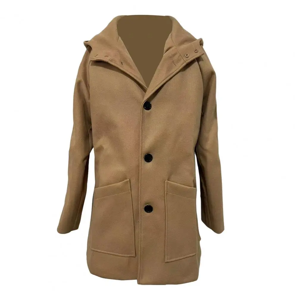Functional Men Coat with Pockets Stylish Men's Hooded Woolen Coat with Pockets Raglan Sleeve Solid Color Jacket for Winter