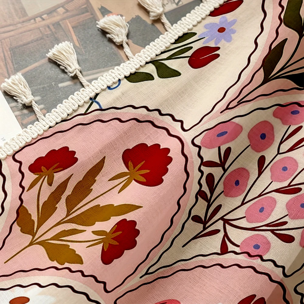 1PC Floral Tassel Sheer Curtains, Pink Scallop Fan Flower Bouquet, Digital Print, Linen Polyester, Living Room Bedroom Decor