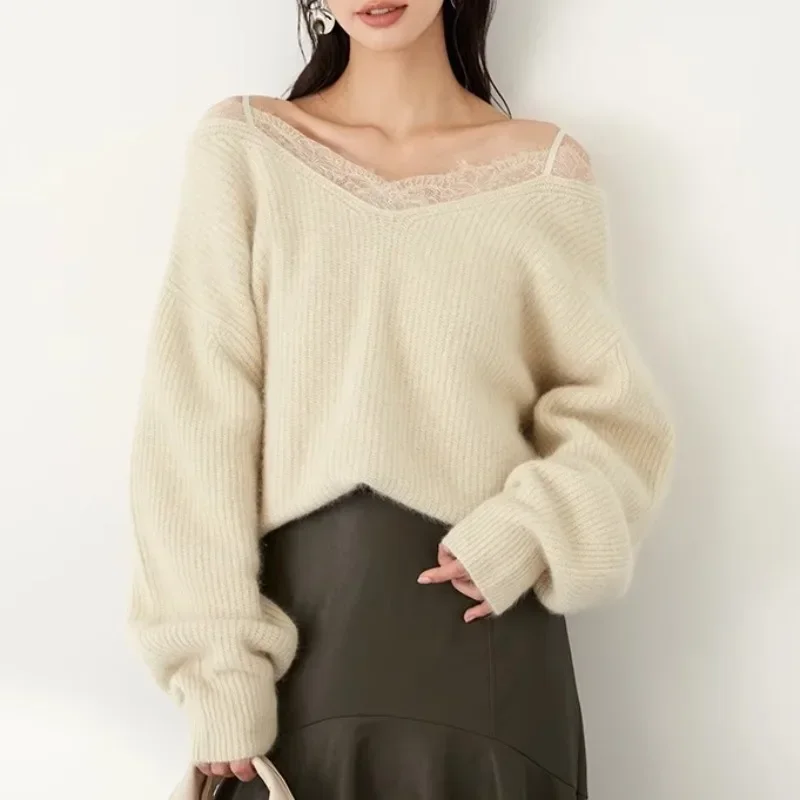 Lace Spliced Sweater Fall Loose Womens Clothing Off Shoulder Long Sleeve Ropa Mujer V Neck Pullover Tops Japan Women Knitwear