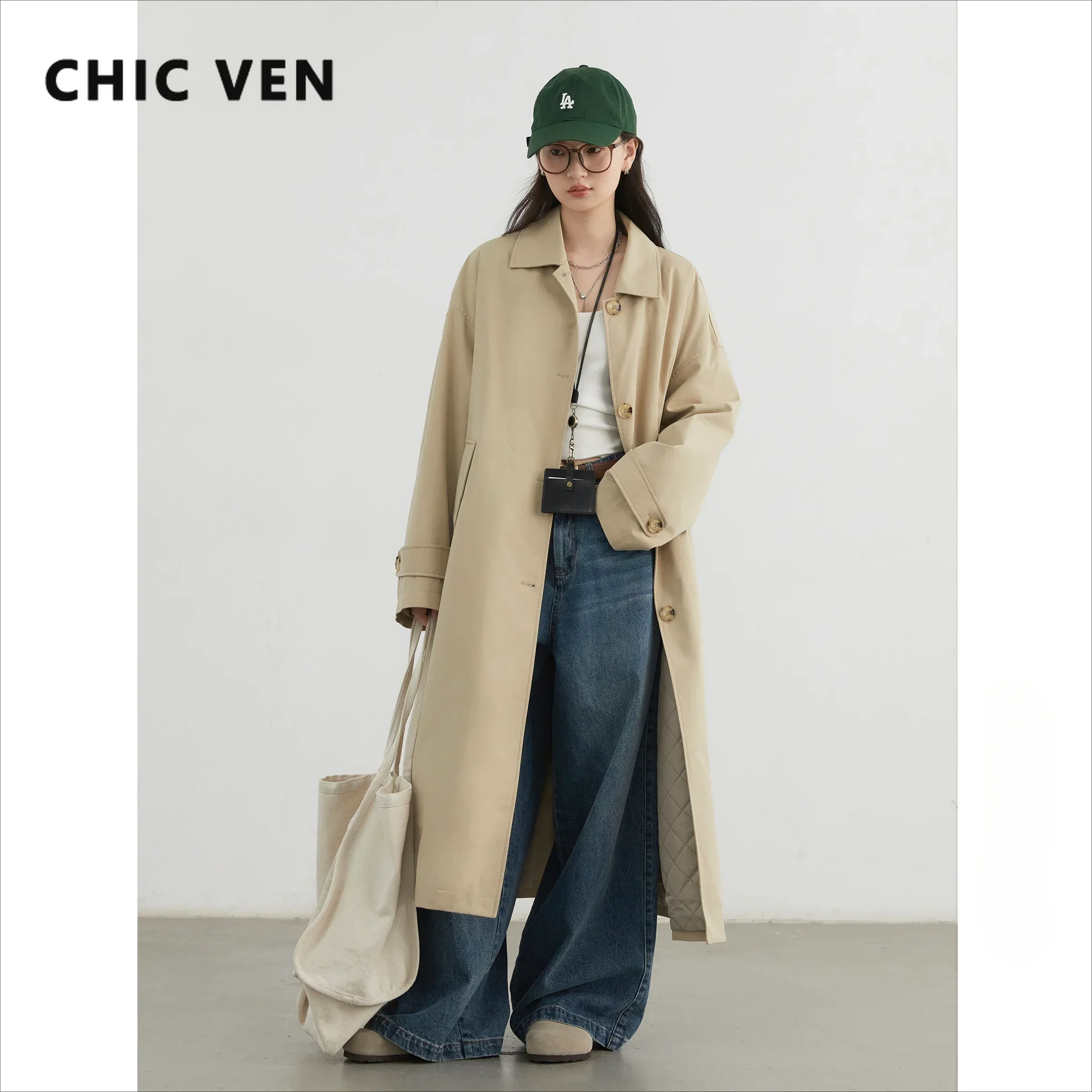 CHIC VEN Women Long Trench Coat Loose Casual New Single Breasted Clip Cotton Ladies Windbreaker Woman Topcoat Autumn Winter 2024