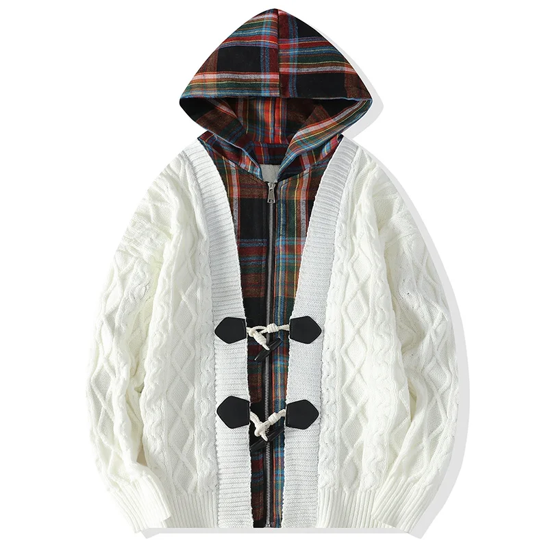 

GIOIOMen's Knitted Jacket，Autumn and Winter High Quality Hooded Plaid Stitching Fake Two Piece Set Anti Pilling Casual Coat