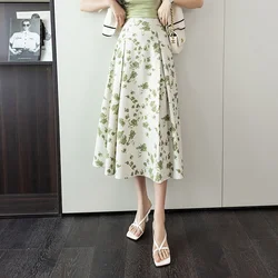 Temperament Chinese Style Summer Floral Women's Elastic Waist Shirring Office Lady High Waist Loose Mid Length A-line Skirts