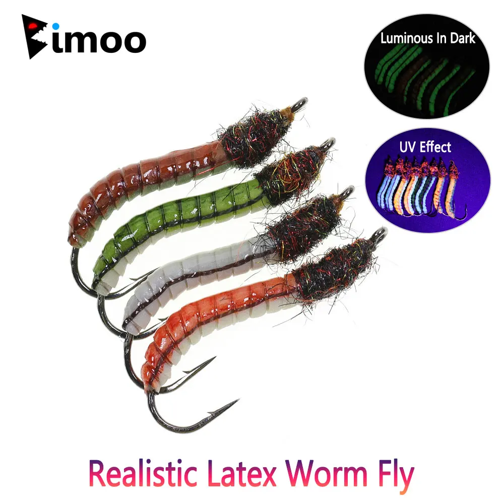 

Bimoo 6/8pcs #12 Luminous & UV Latex Worm Fly Epoxy Body Artificial Larva Bait For Trout Grayling Bass Panfish Fishing Lures