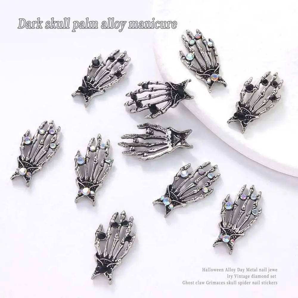 10Pcs/set Metal Nail Charms Halloween Skeleton Nail Rhinestones Manicure Ornaments Skull Palm Skeleton Hand Nail Decorations