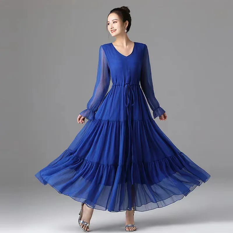 여성 여름 쉬폰 드레스 솔리드 긴팔 보헤미안 비치 드레스 해변 휴가 우아한 라지 스윙 롱 드레스 여성 의류