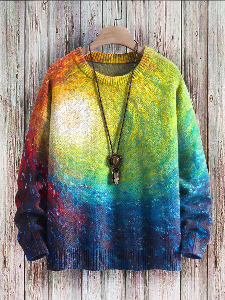 Multicolor Rainbow Gradient Art Print Knit Pullover Sweater Women For Men Sweater
