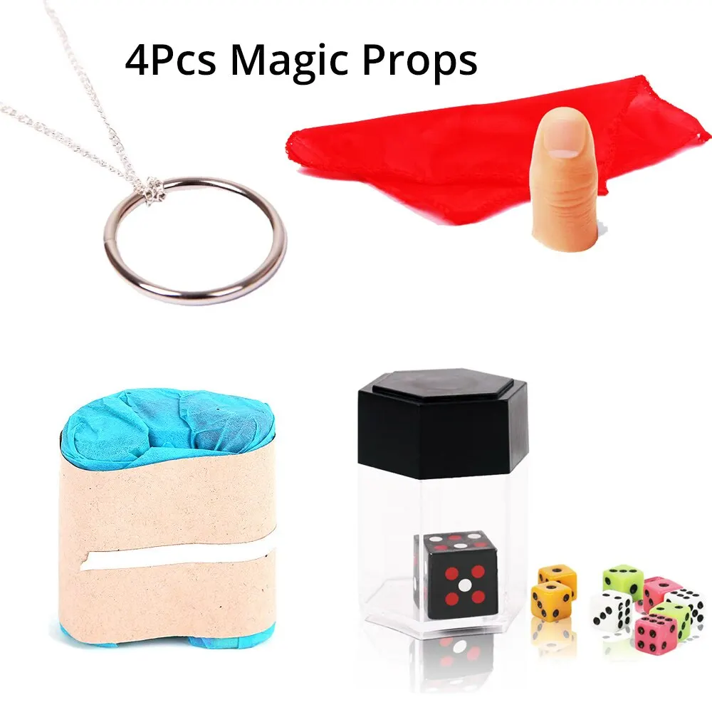 4 Pcs Magic Props Magic Ring Hand Lotus Scarf Disappear Thumb Explosion Dice Classic Toys