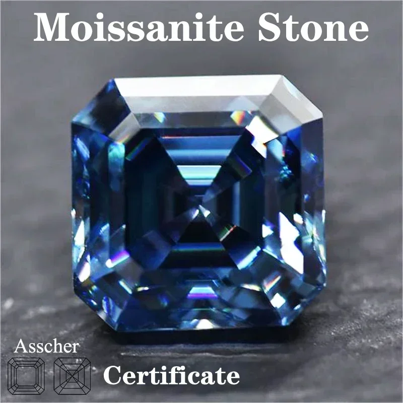 Moissanite Stone Sapphire Blue Asscher Cut with GRA Certificate Pass Diamond Tester for Gemstone Charms Jewelry Making Materials