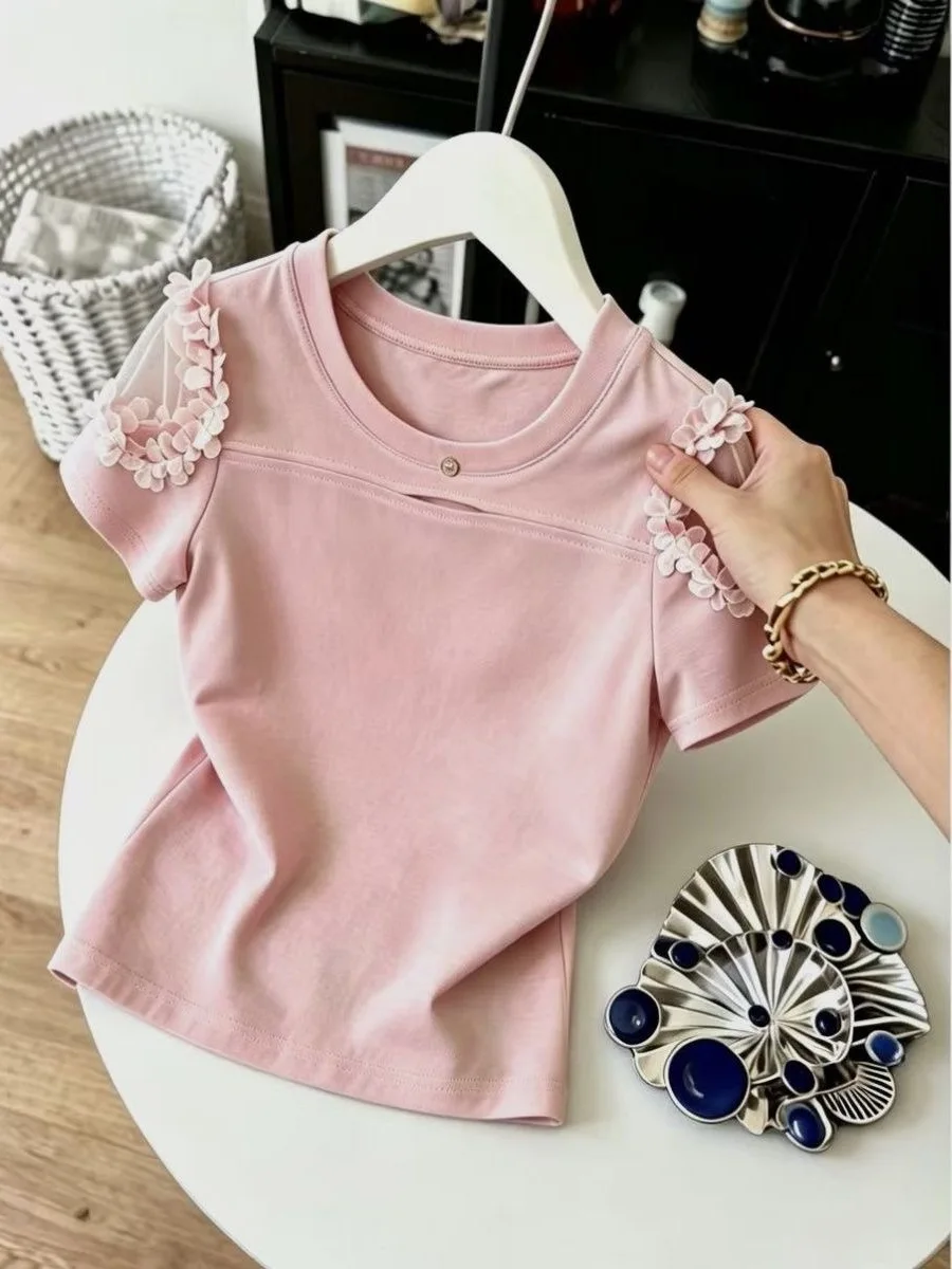 Summer 2026 Women's Short Sleeve T-Shirt Shoulder Bared Design Splice Lace Fashion Slim Fit Casual Style Polyester Fiber Top