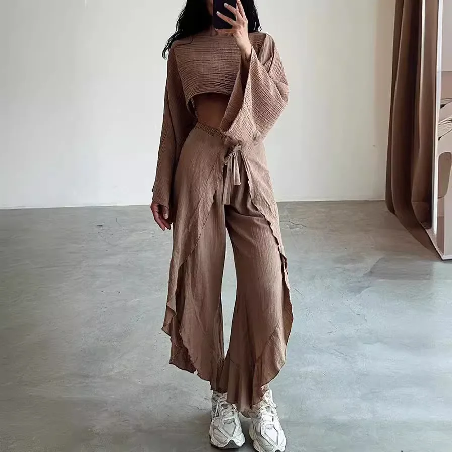 Holiday Irregular Pants Set Cotton Linen Fashion Loose Sleeveless Tops with High Split Pants Summer Two-piece Suit Women Outfits