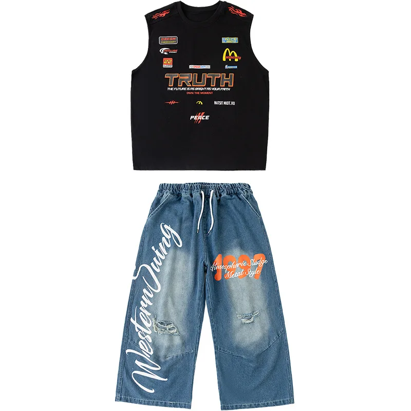 Enfant Kpop Hip Hop vêtements noir imprimé Long débardeur Denim bleu décontracté déchiré jean pantalon pour fille garçon danse porter Costume vêtements