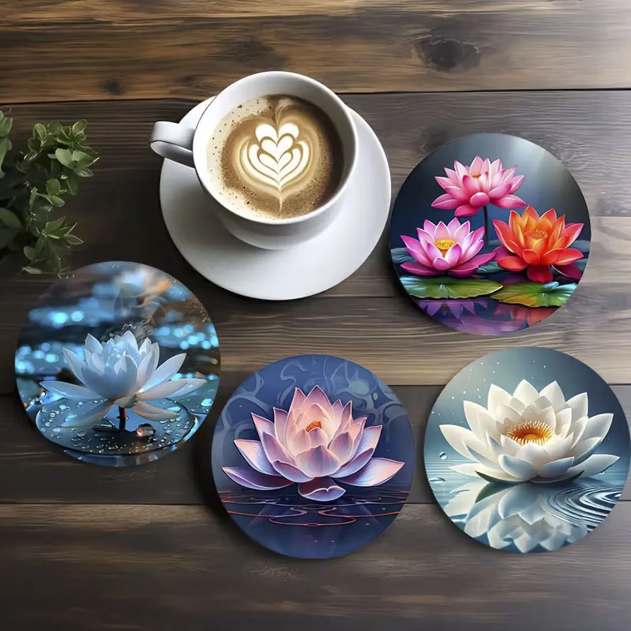 8-Piece Floral Themed Wooden Coaster Set, Round and Durable Composite Wooden Coaster for Desktop Protection