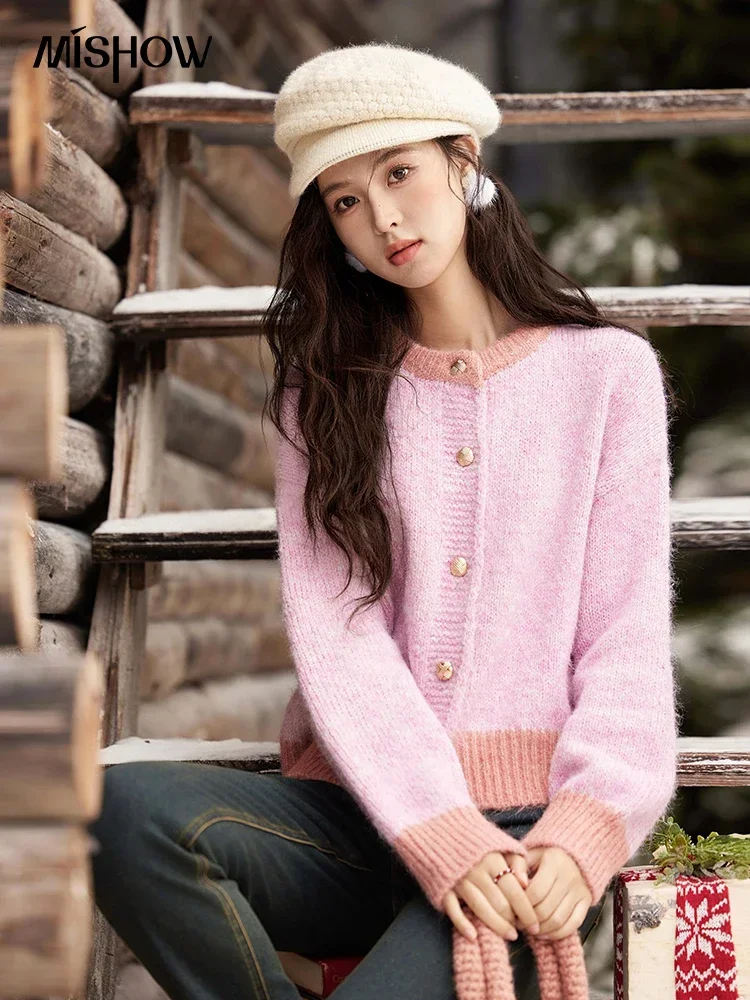 MISHOW French Soft Color Clash Sweater Wool Blend Thick Warm Knitted Cardigan Women Winter Clothing Long Sleeved Tops MXD59Z1159