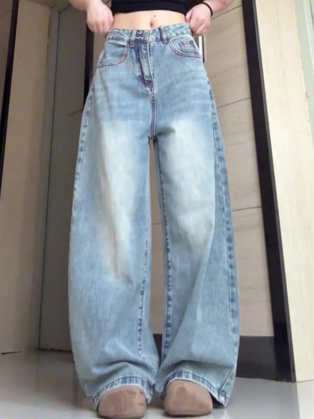 American Style High Waist Loose Jeans Retro Slimming Floor-Length Wide Leg Street Style Casual Pure Color Denim Pants