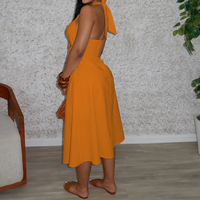 Slergiri Women's Solid Color Button Front Cutout Bows Halter Dress 2025 Summer Holiday Style Backless A-line Casual Long Dresses