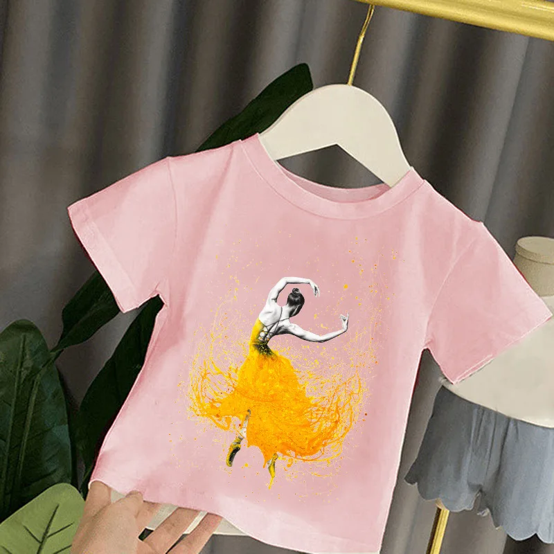 

Fashion Ink Ballet Dance Figures Printed Children's Round Neck Casual Girls T-shirt Pink Short-sleeved Top Kids Clothes