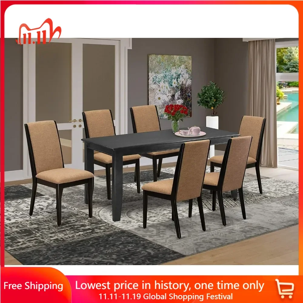 

7 Piece Dining Room Set, Consist of A Rectangle Dininer Table and 6 Linen Fabric Upholstered Chairs, 36x60 Inch Dining Table Set