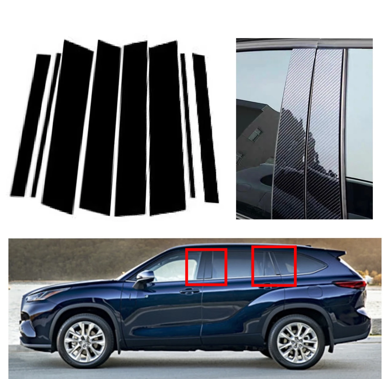 

8Pcs Silvery Carbon Gloss Black Pillar Posts Fit For Toyota Highlander Kluger 2020 2021 2022 Window Sticker Cover Decor Trim