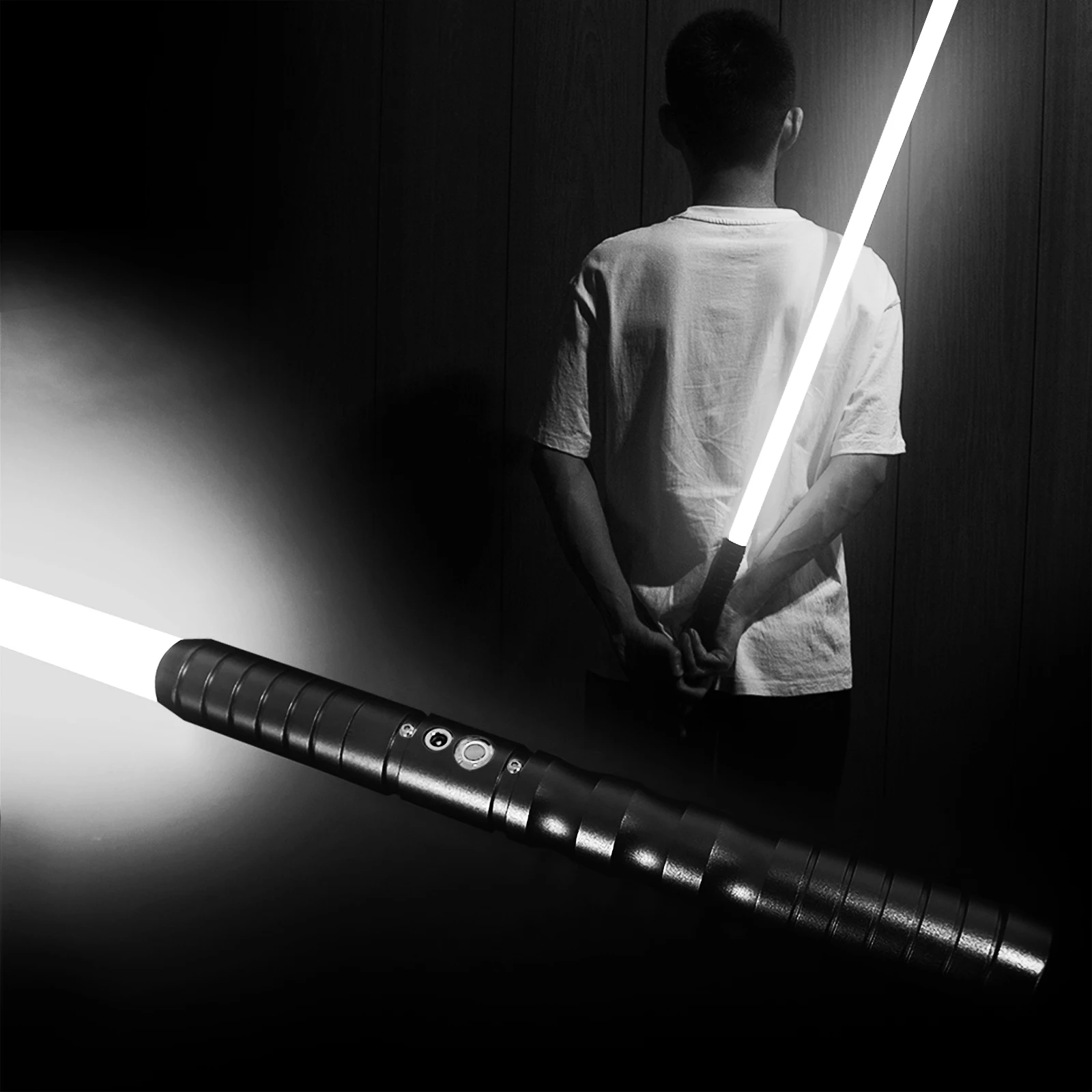 

Dueling Light Saber,Black hilt with white light, with 3 Realistic Blaster Sound Mode and Flashes,USB Charging,Detachable