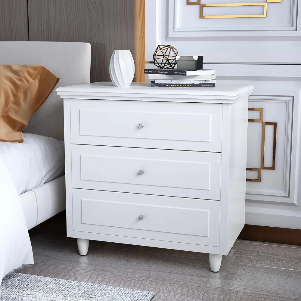 3 Drawer Bedside Table with Wooden Legs, Modern White Drawer Dresser Bedside Table, Perfect for Bedroom, Living Room