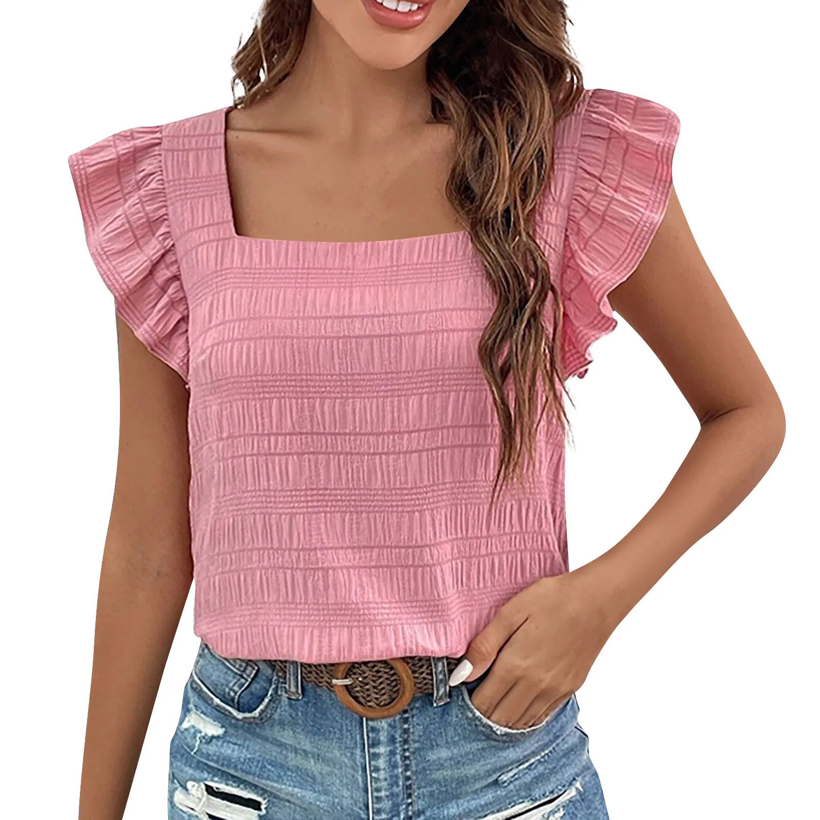 Ladies Fashion T-Shirts Daily Casual Solid Color Square Neck Ruffle Cuff Cap Sleeves Crop Tops Summer Commuting All-Match Tops