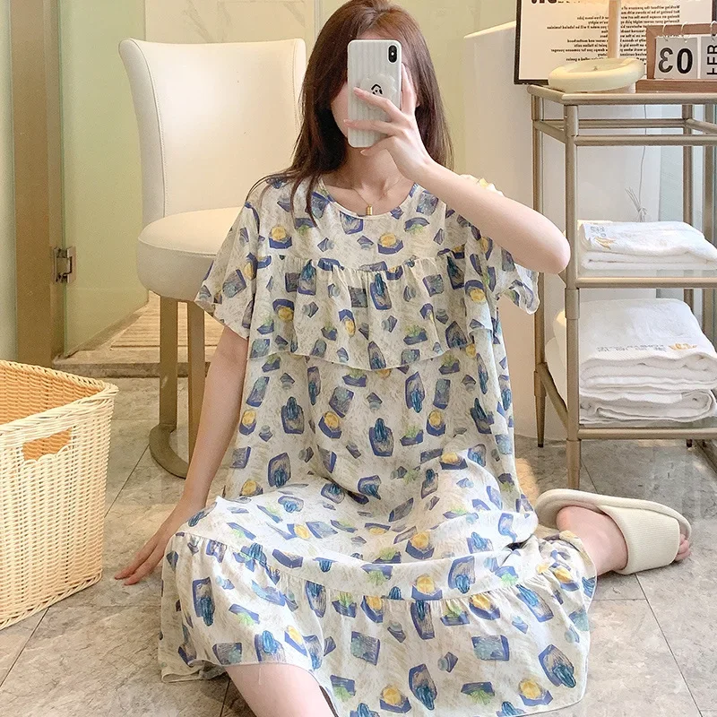 Nightdress Women Summer Thin Large-size Cotton Silk Skirt Pajamas Ladies Loose Loungewear Female Outdoor Floral Nightgowns Girls