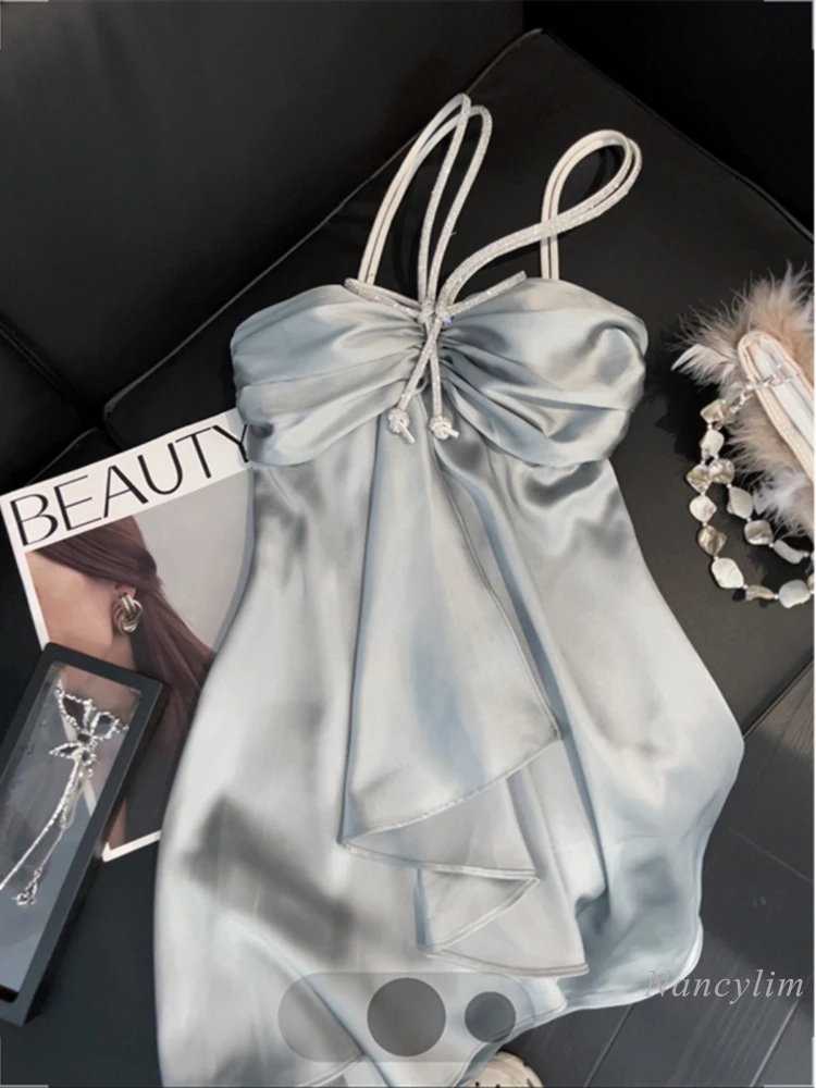 

French Style Halter Spaghetti Straps Dress Women's Rhinestone Bow Satin High Sense Temperament Slimming Strapless Dress Summer