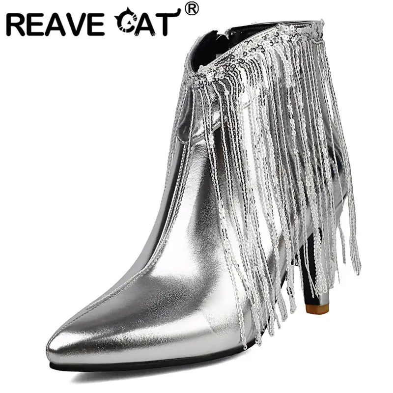 

REAVE CAT 2025 New Style Tassel Ankle Boots Women Pointed Toe Slim Heels 8.5cm Zip Big Sizes 41 45 46 47 Sexy Party Footwear