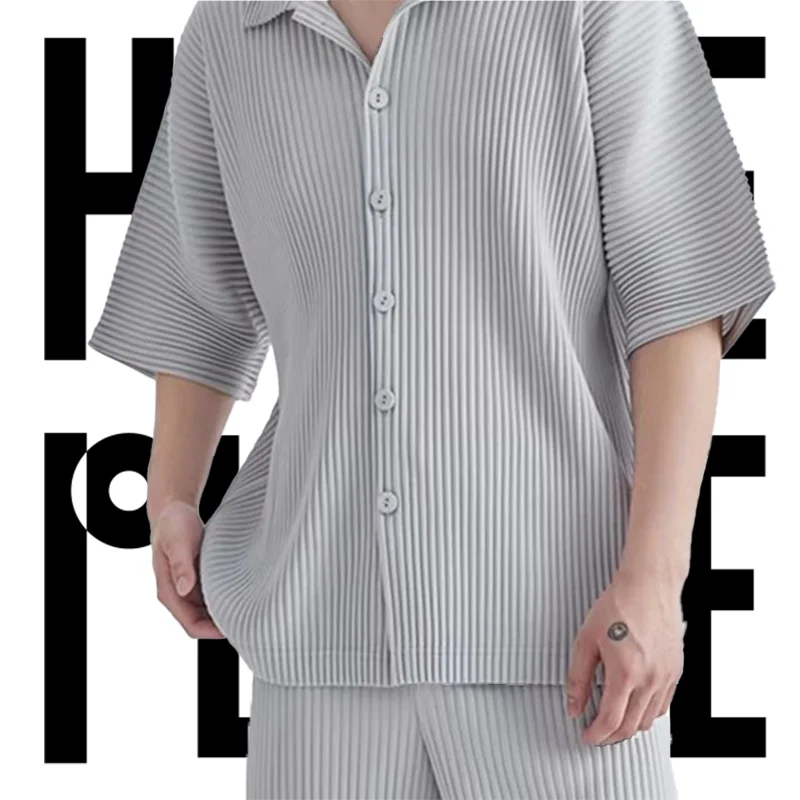Pleats Pleated Original Short-sleeved Shirt Men's Short-sleeved Blouse 2024 Spring And Summer Loose Casual Jacket Solid Color