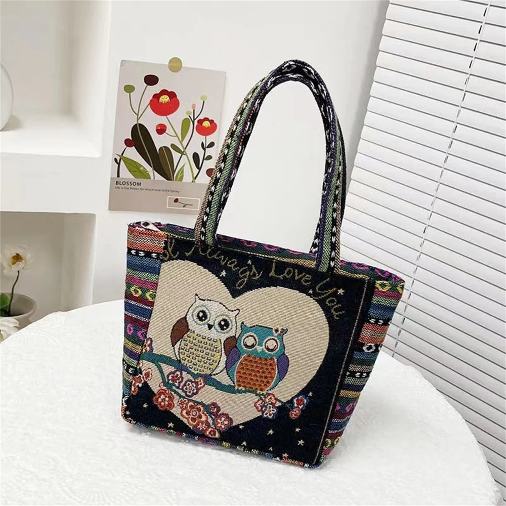 Women Embroidered Tote Bag Retro Owl Elephant Printed Handbags Ladies Large Capacity Reusable Shopping Bag Female Shoulder Bag