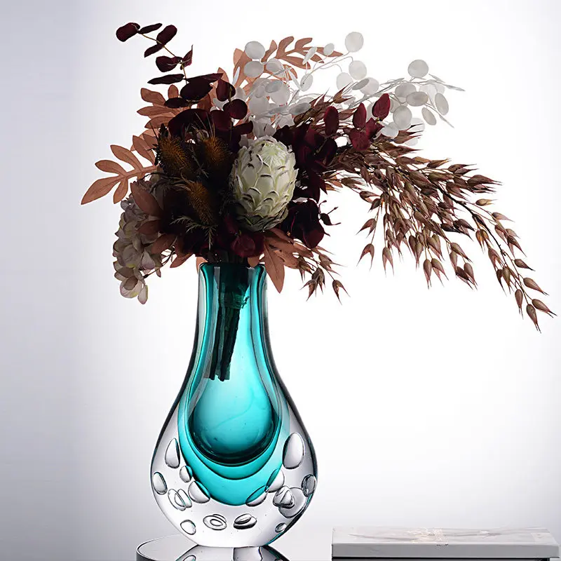 Light luxury high-end glazed vase, high-end thickened glass art flower ware ornament in model house B & B