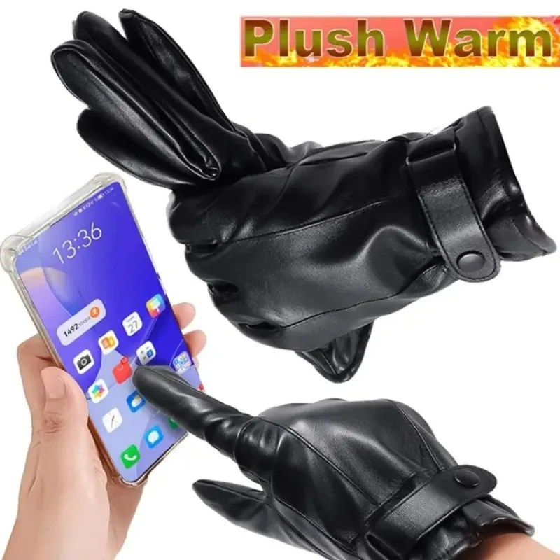 

Men Fleece Pu Leather Gloves Men's Black Leather Cashmere Warm Sports Winter Autumn Driving Mittens Waterproof Tactical Gloves