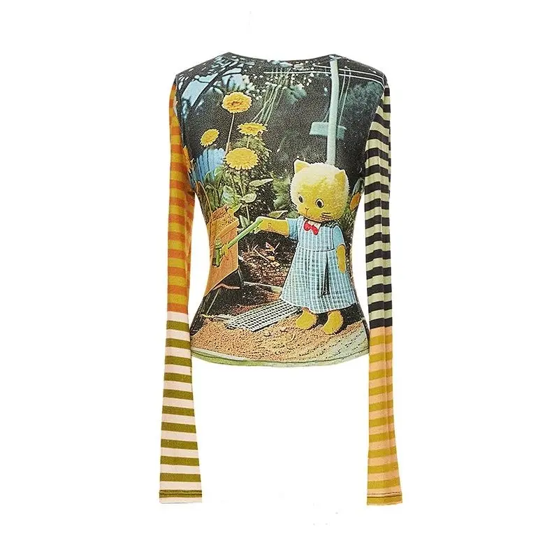 Tops T-shirt Women's Dopamine Cartoon Print Slimming Fitted Long Sleeves Round Neck Comfortable Casual Minimalist Chic Premium