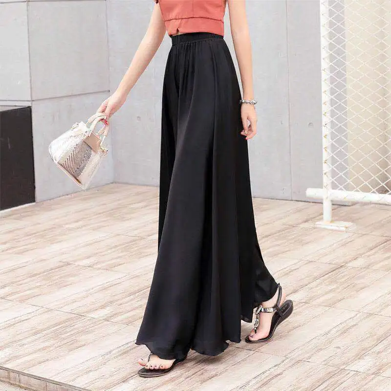 Women Chiffon Wide Leg Dance Pants Office Elastic High Waist Casual Loose Long Trousers White Black Beach Party  European Style