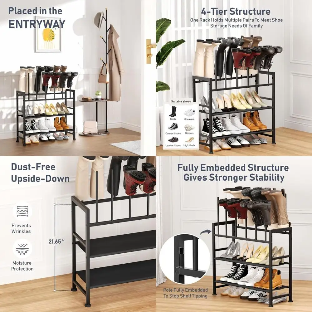 

4-Tier Black Metal Tall Boot Rack Organizer for Shoes, Boots, Sneakers, High Heels, 6 Pair Capacity