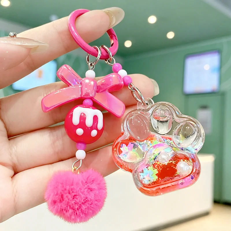 Creative 3D Cat Paw Pendant Keychain Cute Cartoon Floating Shiny Sequin Handbag Decoration Keyrings Accessories