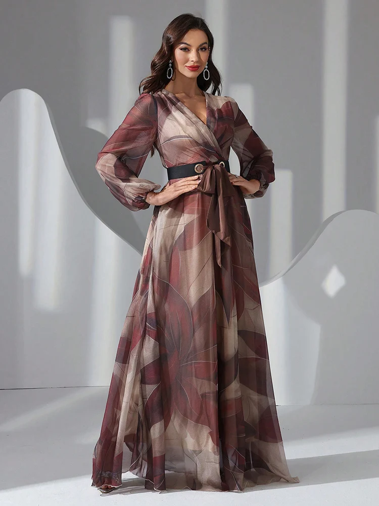 TOLEEN Womens V-Neck Lantern Sleeve Long Dress With Contrast Color Belt 2025 Fashion Casual Elegant Formal Party Evening Dresses