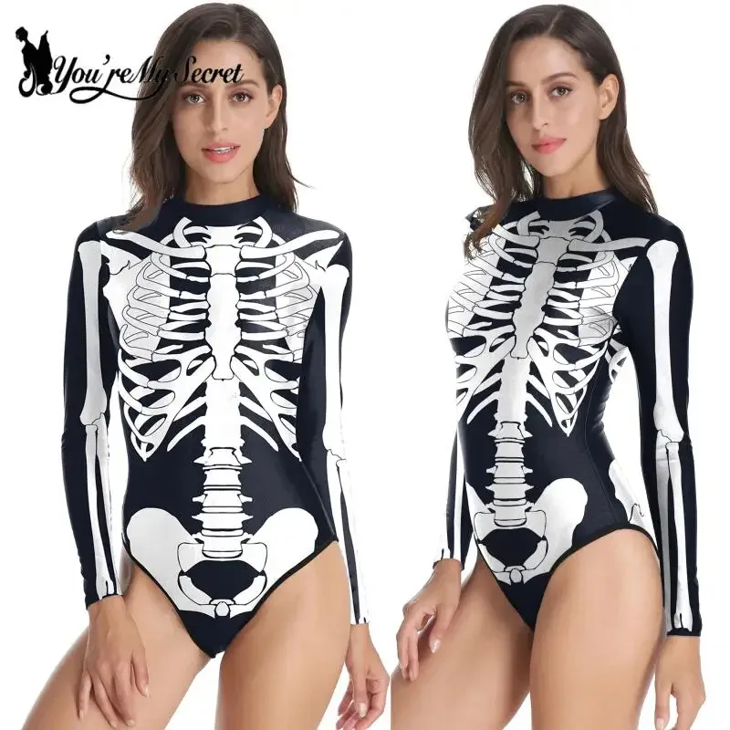 

[You're My Secret] Adult Scary Skeleton Costume Halloween Cosplay Party Rompers Day of The Dead Zentai Jumpsuit Party Suits