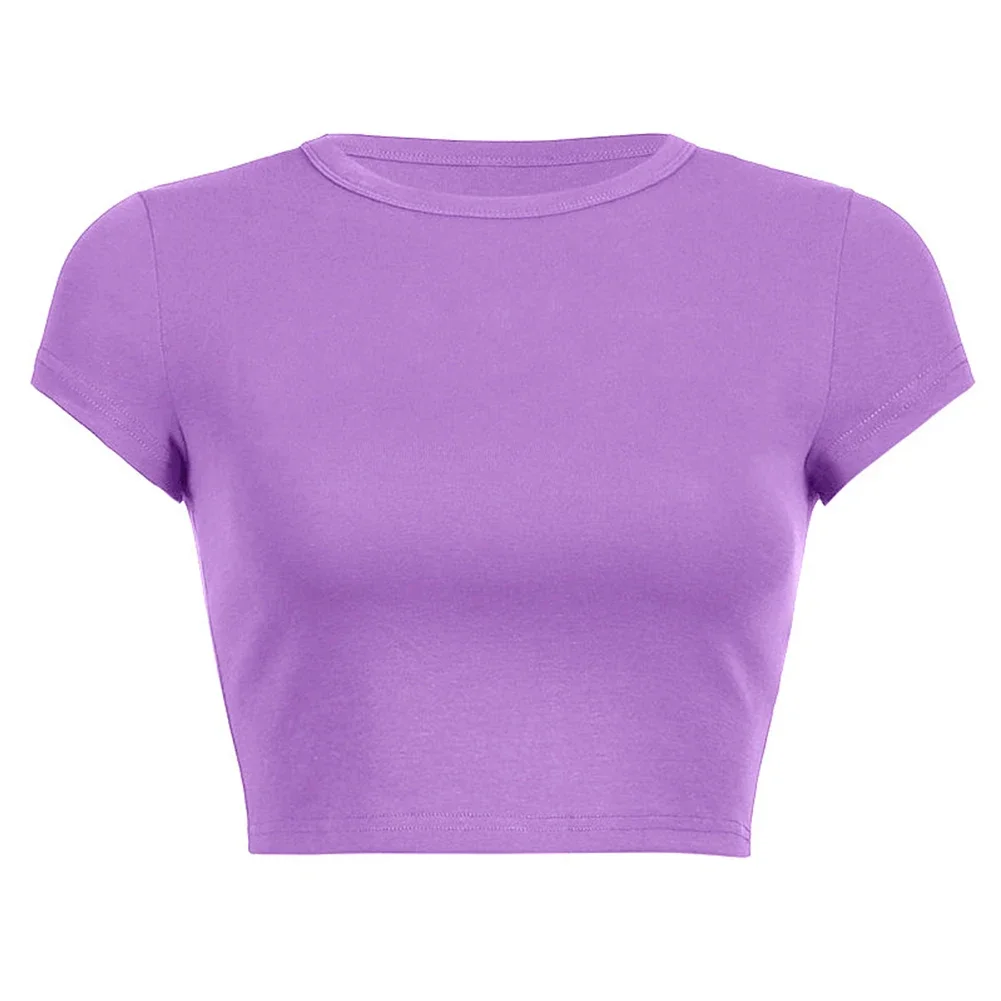 Tee Tops Ladies Summer Short Sleeve Plain Crop Top Round Neck T Shirt Black/Purple/Brown/White/Yellow/Rose Red