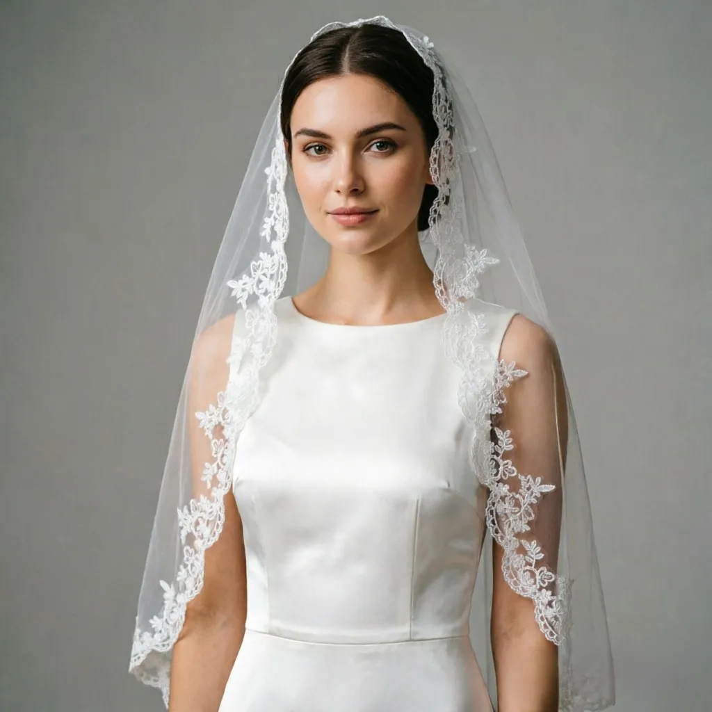 Ivory White Wedding Veil with Delicate Lace Trim & Comb - 1 Tier Bridal Tulle Veil for Ceremony Photo Shoot Vintage G159B