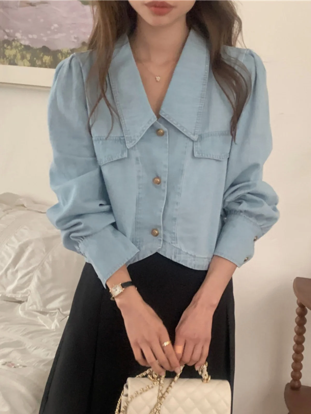 Retro Długi Sweter Jeansowy Damski Sensacja Stylu Elegancki Kołnierzyk Lalki Bufiaste Rękawy Sweter Top Koreański Luźny Krój