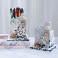 Mediterranean Style Wooden Pen Holder Ocean Style Large Capacity Pencil Storage Box Handmade Pen Container